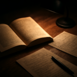 Novel thriller terbuka di meja kayu dengan lampu baca dan catatan kecil di sampingnya
