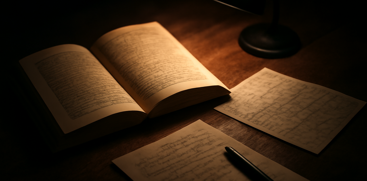 Novel thriller terbuka di meja kayu dengan lampu baca dan catatan kecil di sampingnya