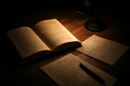 Novel thriller terbuka di meja kayu dengan lampu baca dan catatan kecil di sampingnya