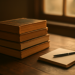 Tumpukan novel thriller di atas meja kayu dengan buku catatan di sampingnya