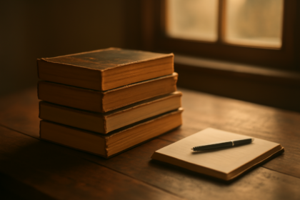 Tumpukan novel thriller di atas meja kayu dengan buku catatan di sampingnya
