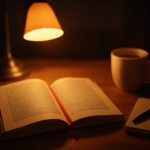 Novel thriller terbuka di meja kayu dengan buku catatan kecil dan lampu meja hangat