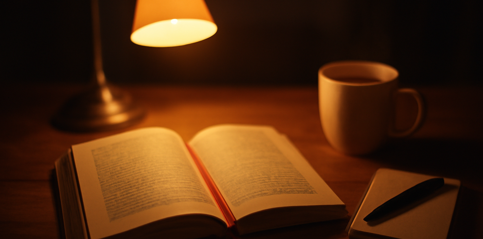Novel thriller terbuka di meja kayu dengan buku catatan kecil dan lampu meja hangat