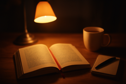 Novel thriller terbuka di meja kayu dengan buku catatan kecil dan lampu meja hangat
