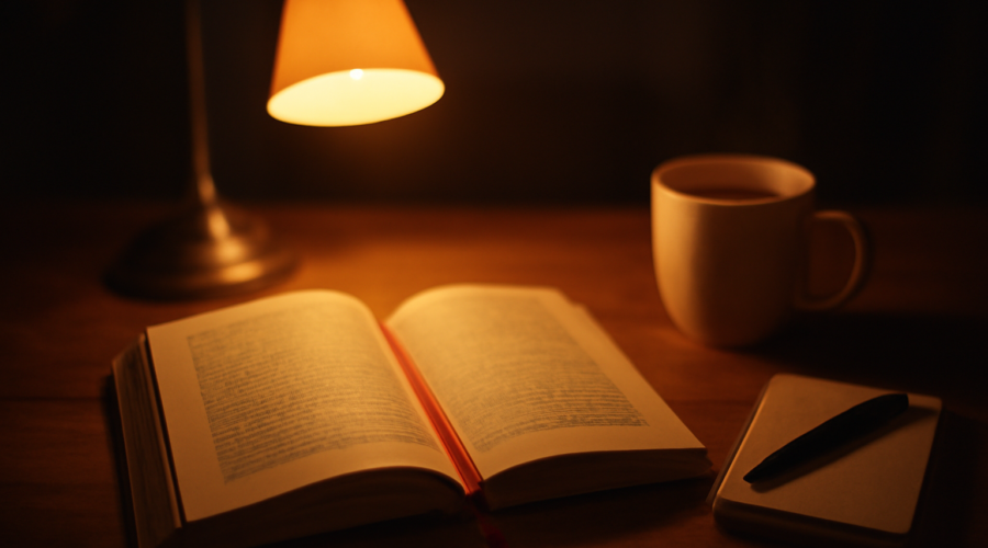 Novel thriller terbuka di meja kayu dengan buku catatan kecil dan lampu meja hangat
