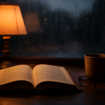 Novel thriller psikologis terbuka di meja kayu ditemani lampu meja dan cangkir teh