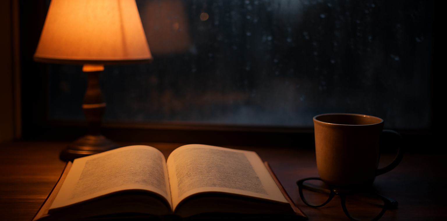 Novel thriller psikologis terbuka di meja kayu ditemani lampu meja dan cangkir teh
