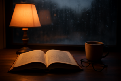 Novel thriller psikologis terbuka di meja kayu ditemani lampu meja dan cangkir teh