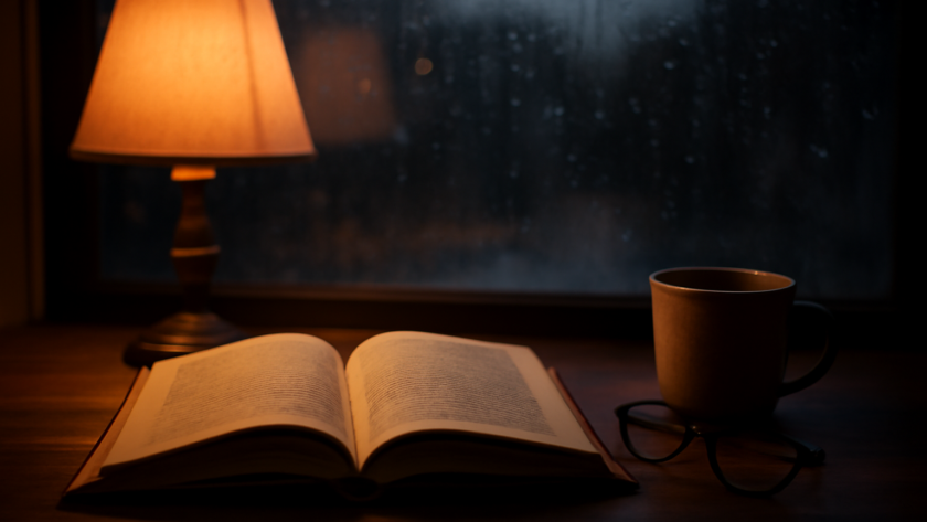 Novel thriller psikologis terbuka di meja kayu ditemani lampu meja dan cangkir teh