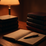 Tumpukan novel thriller klasik dan modern di atas meja baca dengan lampu meja