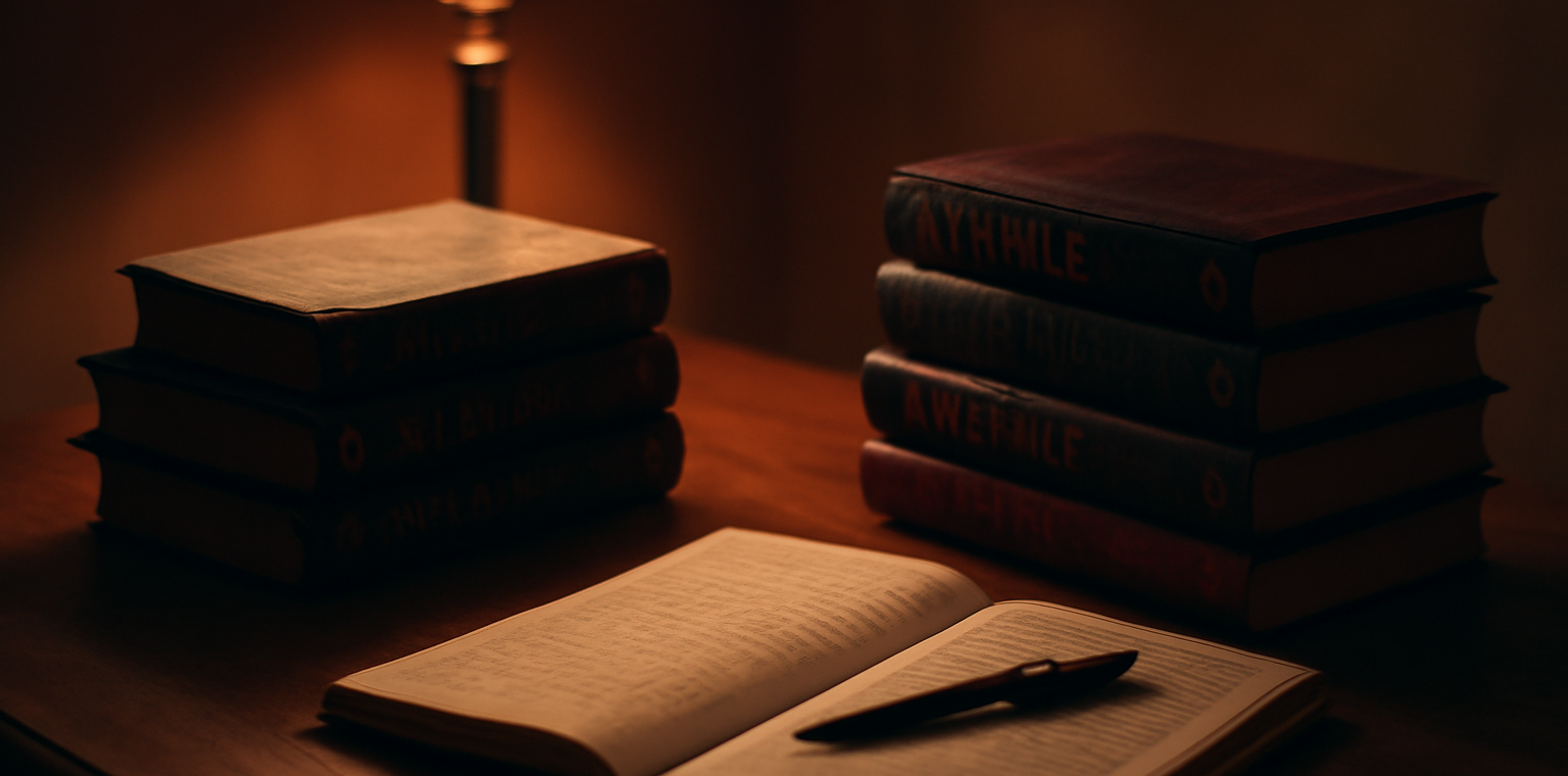 Tumpukan novel thriller klasik dan modern di atas meja baca dengan lampu meja