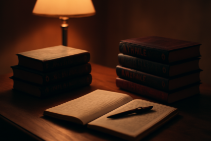 Tumpukan novel thriller klasik dan modern di atas meja baca dengan lampu meja