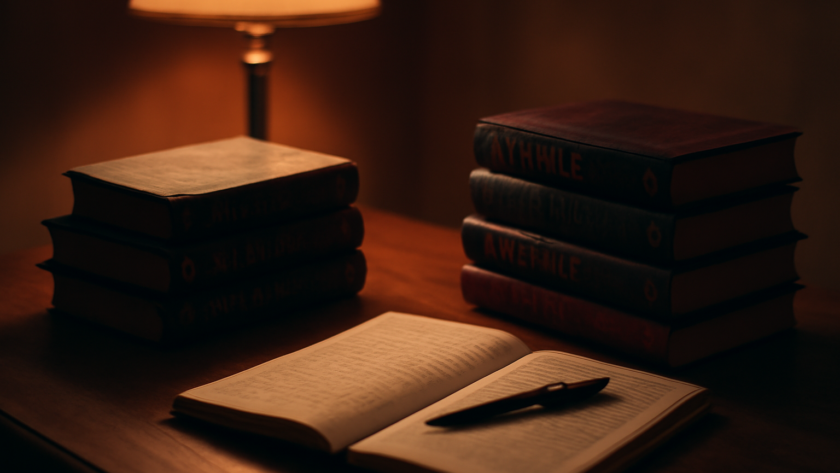 Tumpukan novel thriller klasik dan modern di atas meja baca dengan lampu meja