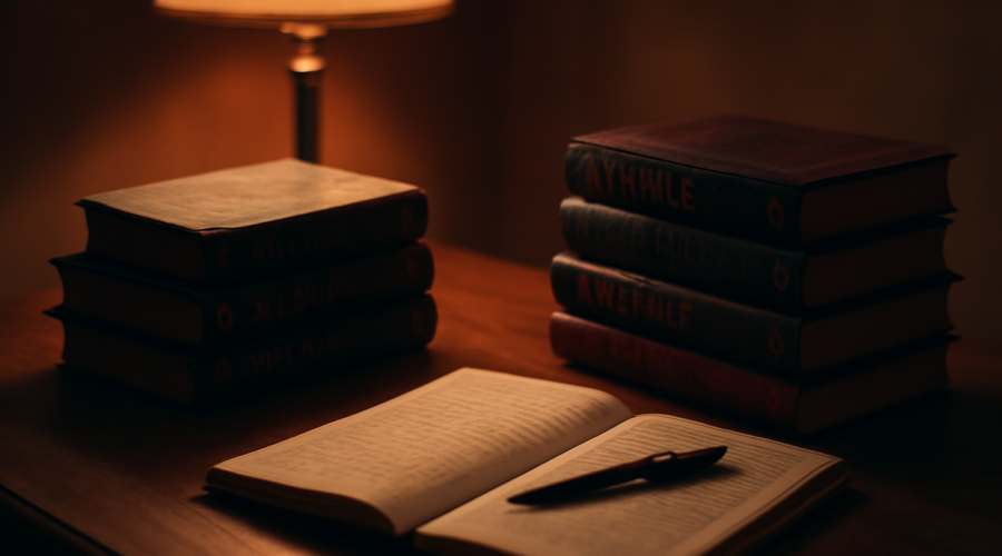Tumpukan novel thriller klasik dan modern di atas meja baca dengan lampu meja