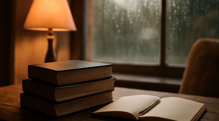 Tiga novel thriller dengan latar Indonesia ditumpuk di meja kayu dekat jendela saat hujan