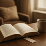 Buku thriller terbuka di meja kayu dengan kopi dan pembatas buku, suasana santai untuk membaca