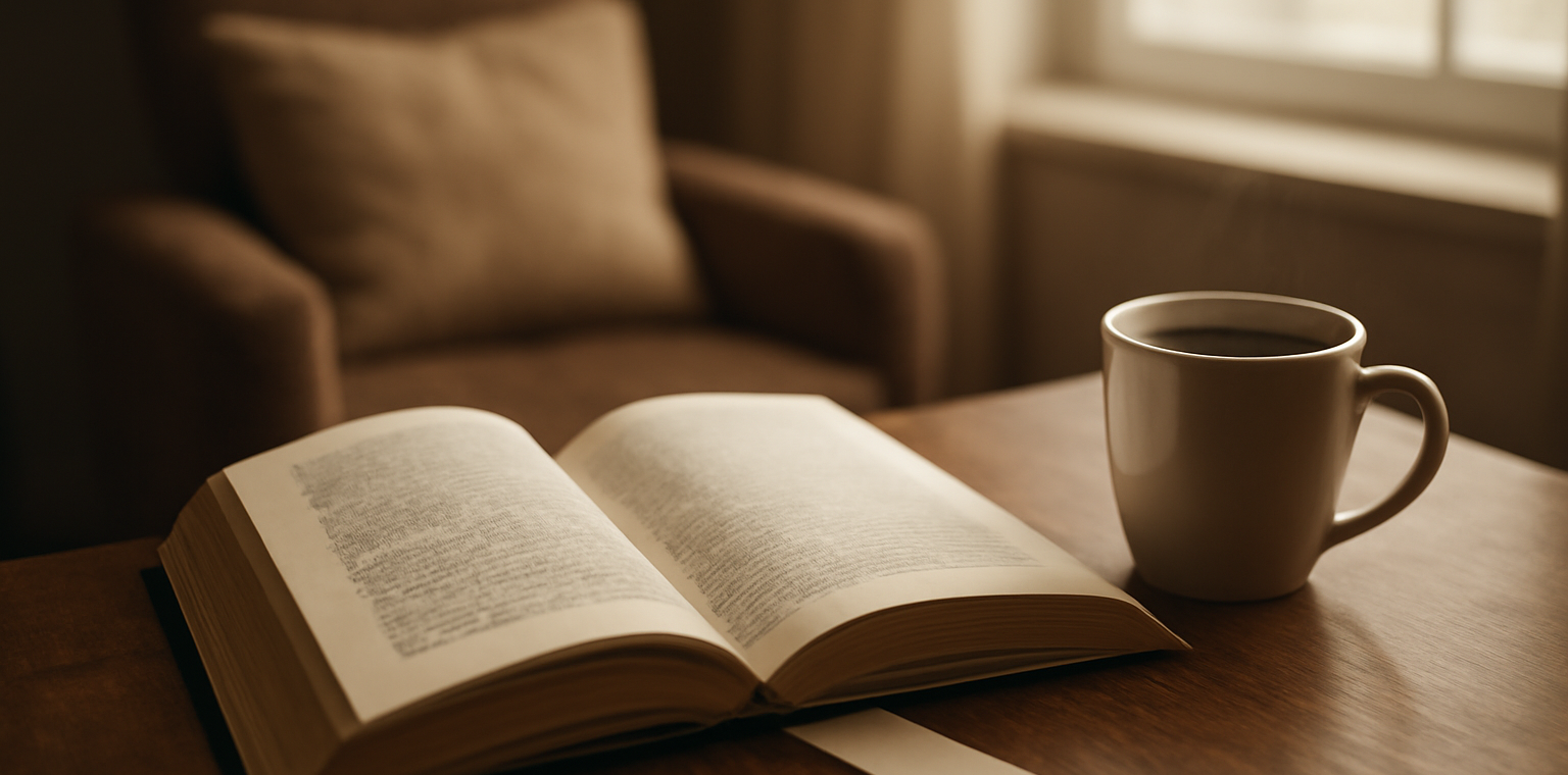 Buku thriller terbuka di meja kayu dengan kopi dan pembatas buku, suasana santai untuk membaca