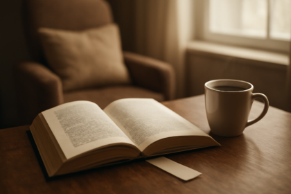 Buku thriller terbuka di meja kayu dengan kopi dan pembatas buku, suasana santai untuk membaca