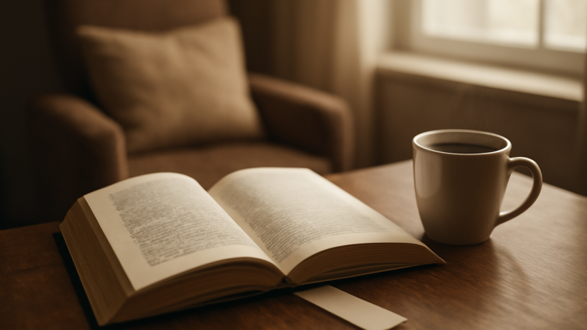 Buku thriller terbuka di meja kayu dengan kopi dan pembatas buku, suasana santai untuk membaca