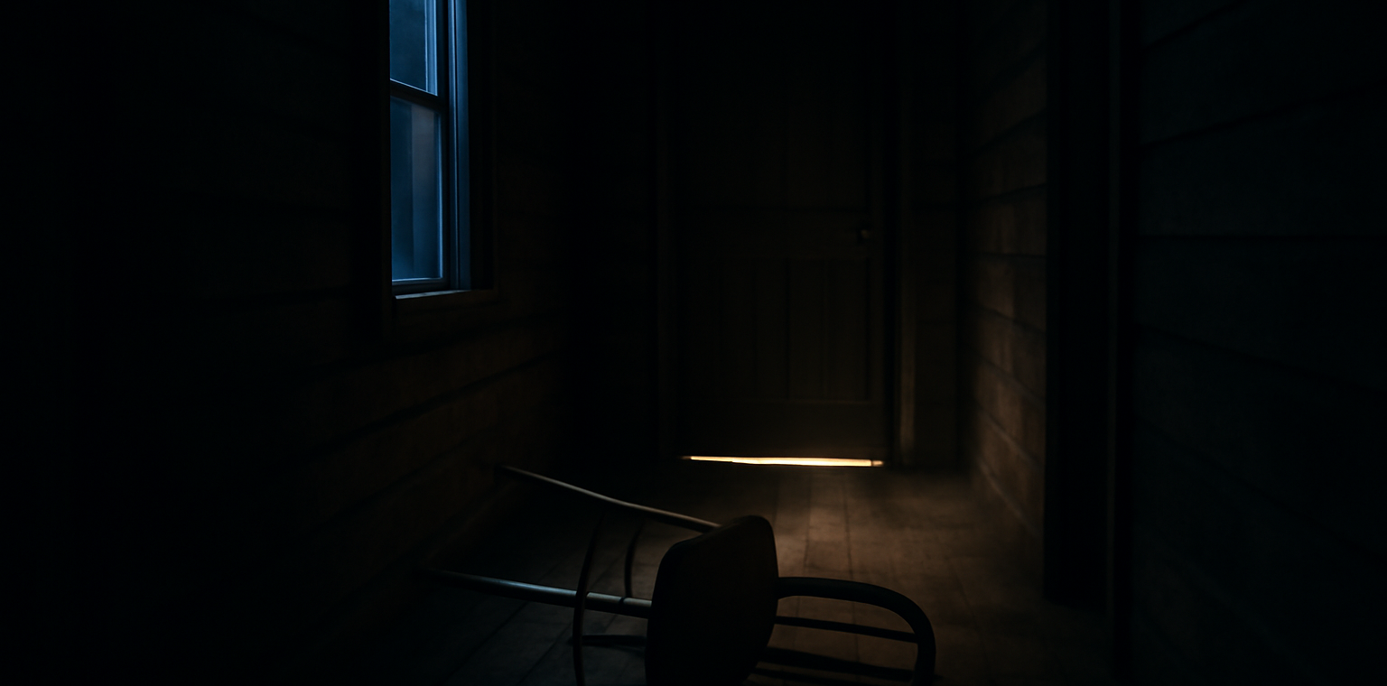 Lorong sempit kabin kayu tua dengan pintu tertutup di ujung, suasana mencekam khas novel thriller bersetting terbatas