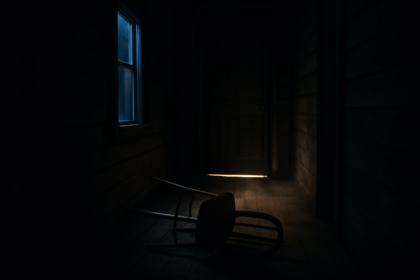 Lorong sempit kabin kayu tua dengan pintu tertutup di ujung, suasana mencekam khas novel thriller bersetting terbatas
