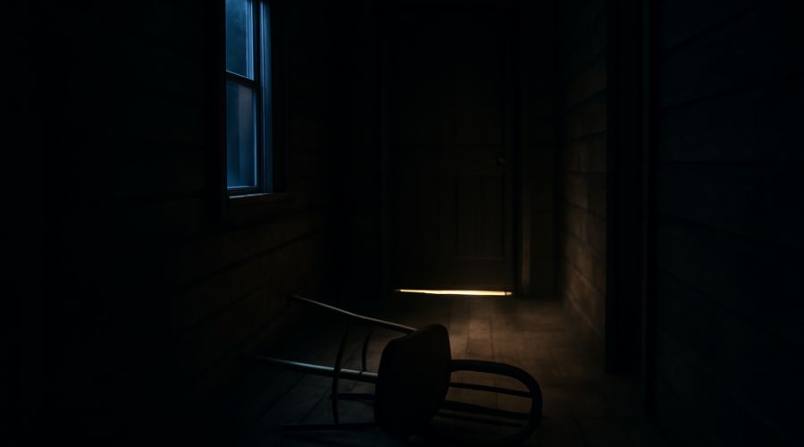 Lorong sempit kabin kayu tua dengan pintu tertutup di ujung, suasana mencekam khas novel thriller bersetting terbatas