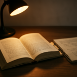 Novel thriller terbuka di meja kayu dengan catatan alur dan penanda halaman