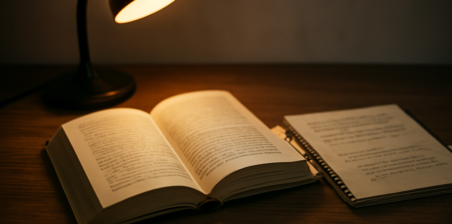 Novel thriller terbuka di meja kayu dengan catatan alur dan penanda halaman