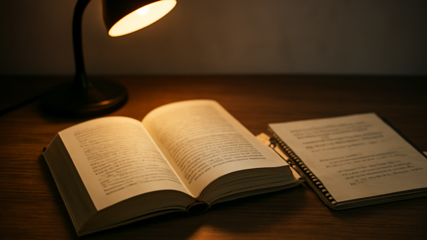 Novel thriller terbuka di meja kayu dengan catatan alur dan penanda halaman