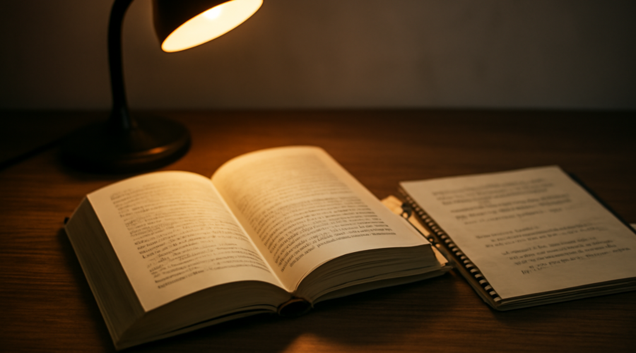 Novel thriller terbuka di meja kayu dengan catatan alur dan penanda halaman